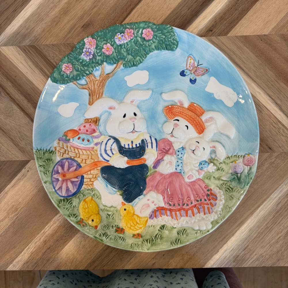 GKR Easter‎ Bunny Picnic Embossed Ceramic Decorative Plate 12 Inch Spring Decor